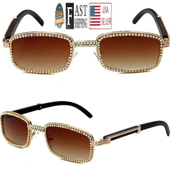 Men Sunglasses Square Brown Lens Fashion Diamond Blinfg Hip Hop Style Lentes New - Picture 3 of 6